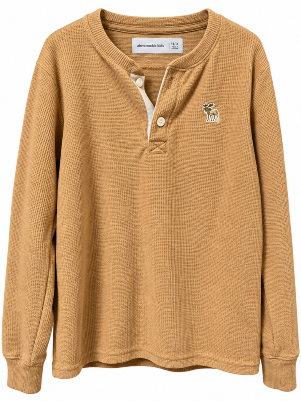 Abercrombie Kids Tan Waffle Knit Henley Long Sleeve Shirt Moose Logo 13/14